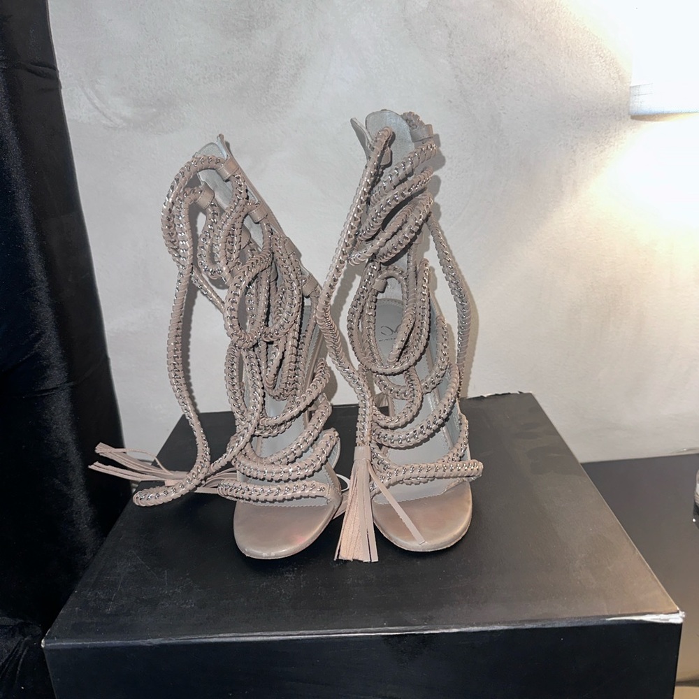 Braided Lace-Up Sandals - Tan